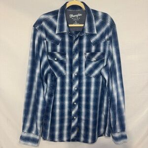 Wrangler Retro Blue Plaid Pearl Snap Western Pearl Snap Shirt Men Medium Cowboy